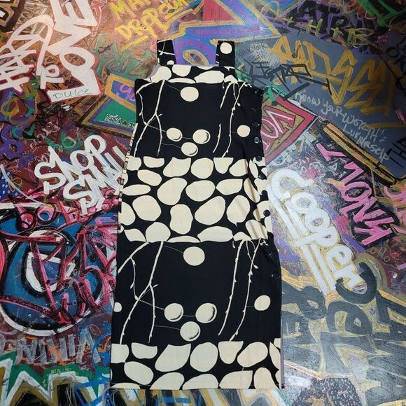 Late 90s/Y2K Rue Gallin polka dot & stripe black & white button side midi dress - Picture 1 of 8